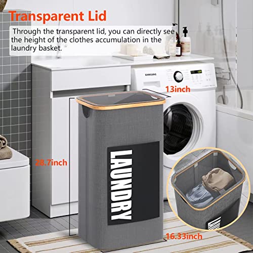 Upgraded Large Laundry Basket With Lid, 100L Tall Hamper Bamboo Handles [Support Reinforcement] Collapsible Dirty Clothes Front Pocket & Inner Bag For Bedroom, Bathroom, Gray, Xl #TOP1