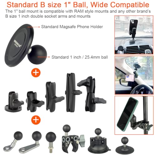DEKEENSTAR Magnetic Phone Holder Base with B Size 1 inch Ball for Magsafe iPhone 15/14/13/12 Compatible with RAM mounts B Size Double Socket Arm Magnetic Ball Phone Holder for Car