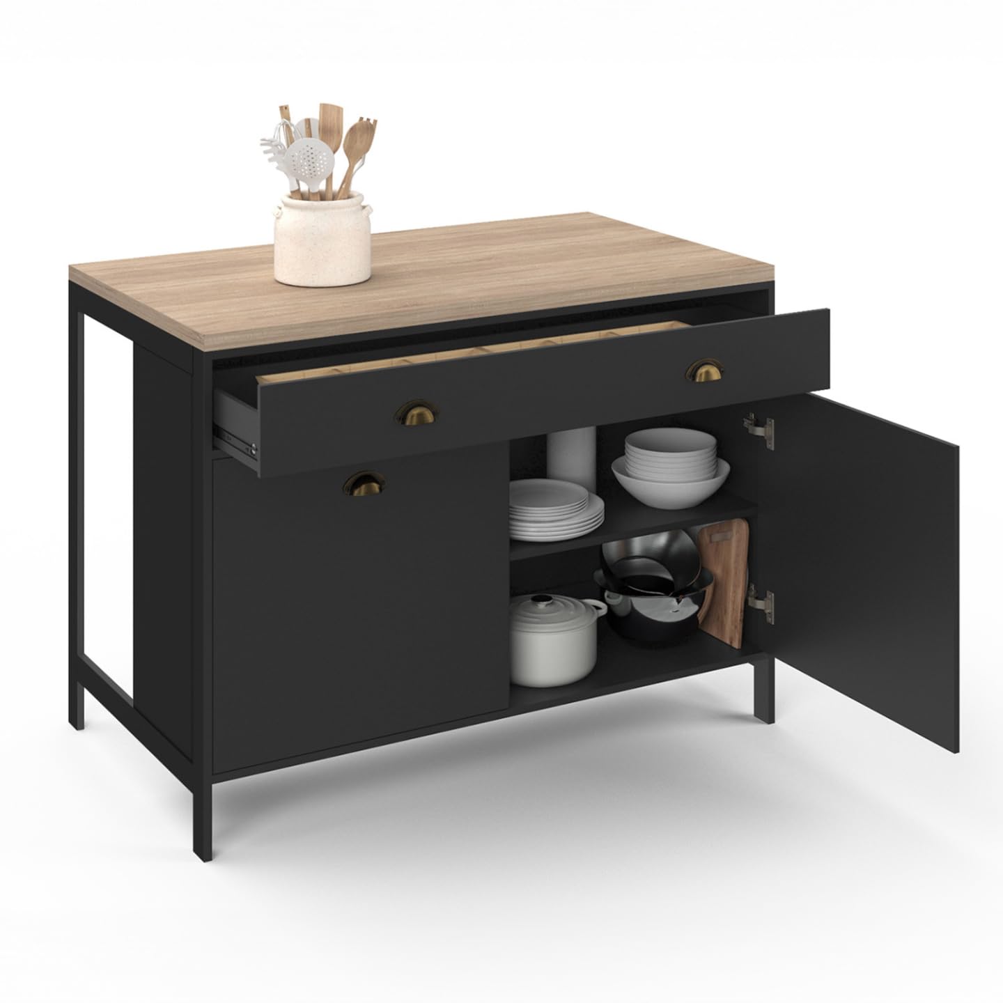 IDMarket - Ilot Central 120 cm Campagne ISIS Plateau Bois façon hêtre et Noir
