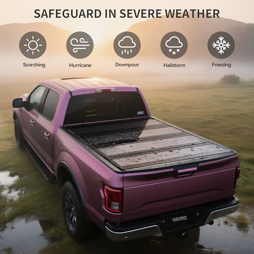 OEDRO Low-Profile Hard Quad-Fold Tonneau Cover Compatible with Toyota Tacoma 2024 2025 2026 (Excl. Trail Edition) 5ft Bed with Tacoma Bed Rail, One-Handed Quick Release, Drainage Design