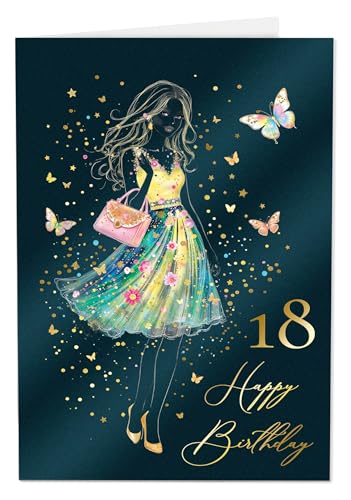 Joli Coon Papeterie Geburtstagskarte 18 STARDUST Lady - Premium Geburtstagskarte 18 Mädchen mit FinePaper Kuvert und echtem Wachssiegel - 17 x 11,5 cm