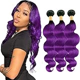 1b/Purple Human Hair Bundle Omber Body Wave Hair 3 Bundle Two Tone Black and Purple Human Hair 3 Bundles 12 14 16 Inch 8A Brazilian Virgin Remy Human Hair Extensions