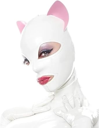 ABWL White Latex Mask with Cat Ears,Handmade Rubber Hooded Masks for Latex Club Wear