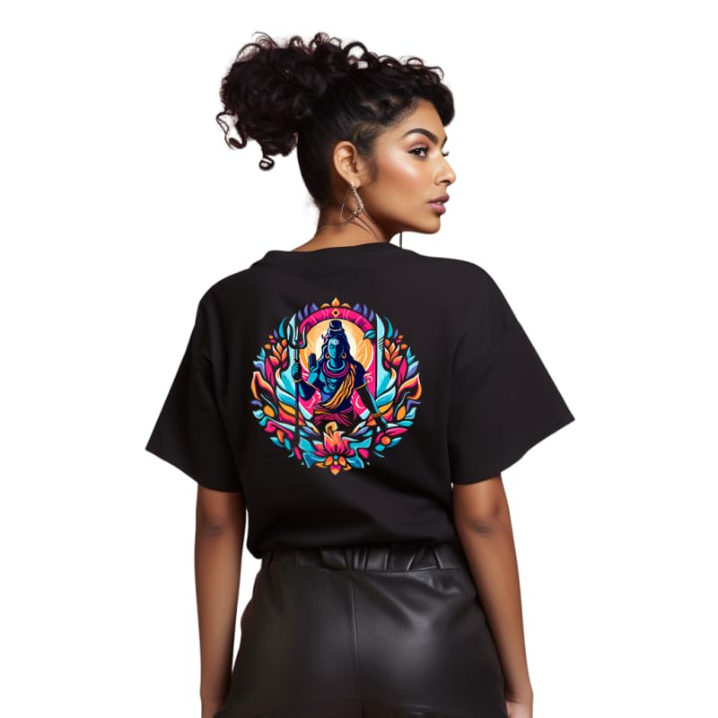 Image of prabhu bhakti Women's Oversized Lord Shiva Printed Black T-Shirt | Back Print Drop Shoulder Pure Cotton Oversized Tshirt for Girls & Women