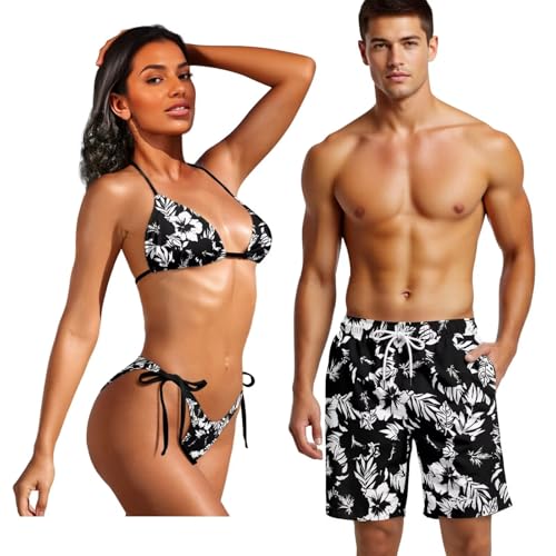 Howilath Black Vintage Flower Couples Swimwear for Beach Fashion Mens Swim Trunks & Women's Bikini Set, Quick Dry 2 Piece