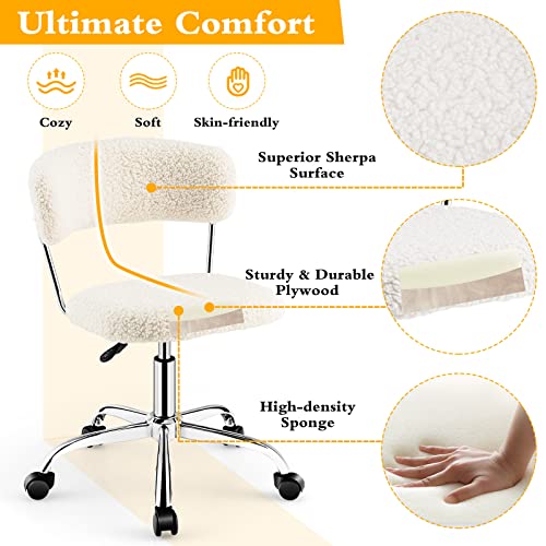 Giantex Home Office Chair, Faux Fur Low Back Swivel Leisure Chair W/Height Adjustable Padded Seat, Rolling Armless Vanity Chair W/Galvanized Steel Frame For Bedroom Study Guest Room, White #TOP5