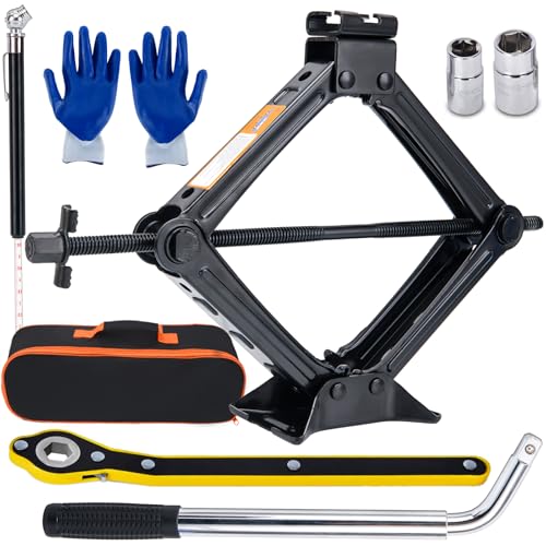Image of Scissor Jack for Car, 2 Ton Car Jack Kit, Universal Tire Changing Kit, Portable Emergency Tire Jack Tool Kit, Scissor Lift Jacks for Cars Vehicle SUV Sedan Coupe, with Lug Wrench Pressure Gauge