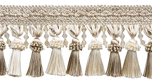 DÉCOPRO 4" (10cm) Elegant Beaded Tassel Fringe with Fancy Gimp Header | Fringe Trim # BTFCT4 White Sands Ivory #P58 (White Ivory Tan Beige) 27 Yard Package (82 ft/25m)