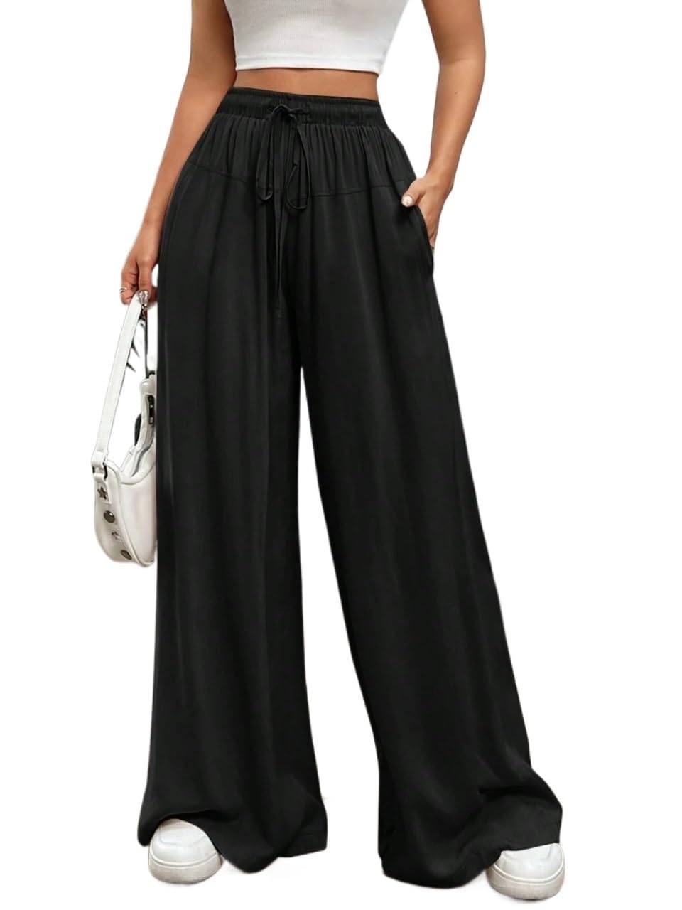 Womens Fall Casual Solid Color Drawstring Wide Leg Pants Trousers