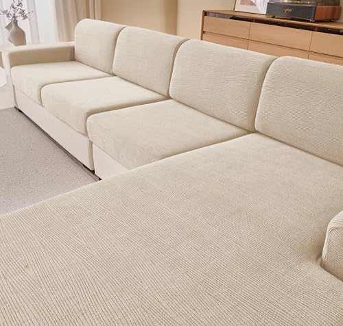 KaviKon Stretch Sectional Couch Covers, Wear Resistant Sofa Slipcovers Washable Soft Furniture Protector Anti Slip L Shaped Couch Cushion Covers for Dogs (1 Piece Large Cushion Cover, Slanted Beige)