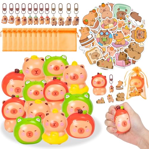 TICIAGA 12 Pack Capy Squeeze Toys Gift Set for Kids, Included Random Slow Rising Squishy Toy Chain Sticker and Organza Bag, Funny Capy Birthday Gift with Novelty Toy for Rewards