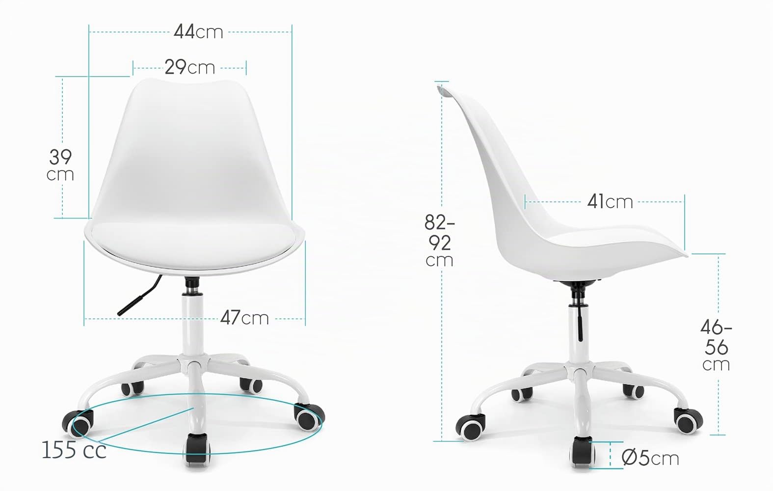 Waytex - Silla de Oficina escandinava Blanca con Ruedas y Altura Ajustable y pie de Metal Lacado, Color Blanco