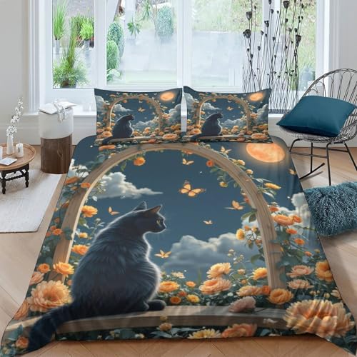 Housse de couette chat noir 140x200cm parure lit simple microfibre douce - 4
