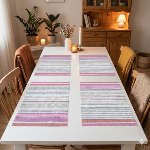 Image of YELONA Placemats for Dining Table - Heat Resistant, Non-Slip & Washable PVC Vinyl Table Mats - Set of 4, 45 x 30 cm (Multicolor & Pink)