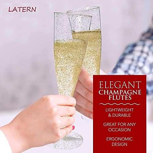 LATERN 60Pcs Plastic Champagne Flutes, 150ml Silver Glitter Champagne Glasses Reusable Stemmed Party Wine Cups for Garden Wedding Anniversary Shower Parties (5 x 17cm)
