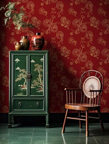 Image of Red and Gold Rose Wallpaper - Self Adhesive Peel and Stick Floral Wall Stickers, Waterproof PVC Vinyl Decorative Paper for Home, Bedroom, Living Room & Furniture (45cm x 300cm)
