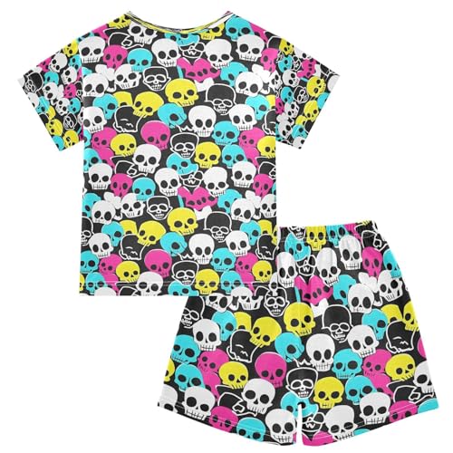 ALAZA Colorful Sugar Skull Pajamas Set Short Sleeve Cotton Sleepwear Summer Pjs 2 Piece 5-14Y2