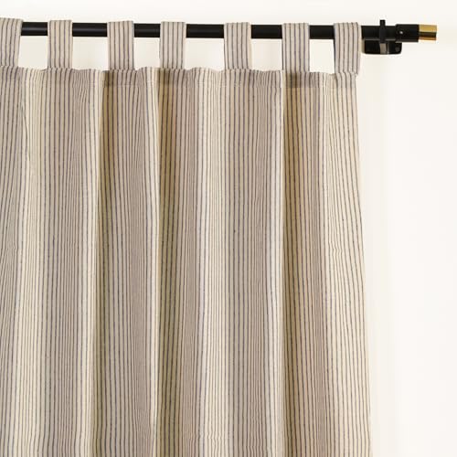 Gauze Striped Curtains, Boho Linen Gauze Tab Top Hanging Curtains Light Filtering Door Window Treatment 2 Panel Curtain Drapes for Living Room Home Décor Blue on Beige (72x42 Each Panel)