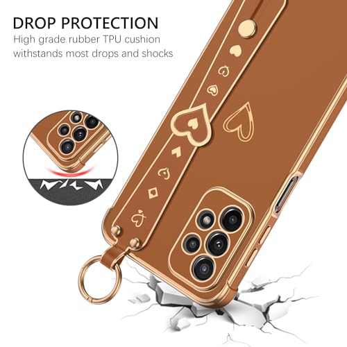 Image of GUAGUA for Samsung Galaxy A23 4G /5G Case, Galaxy A23 Phone Case, Slim Flexible TPU Plating Love Heart with Wristband Kickstand Shockproof Protective Phone Case for Samsung A23 4G /5G 6.6 Inch, Brown