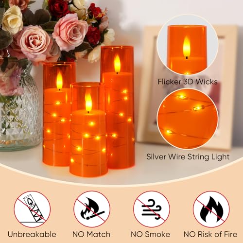 Image of Raycare Flameless Candle with Remote Timer - 5 Flickering Acrylic Battery Operated LED Pillar Candles with Embedded Star String for Halloween, Home Decor, and as a Gift(Orange)