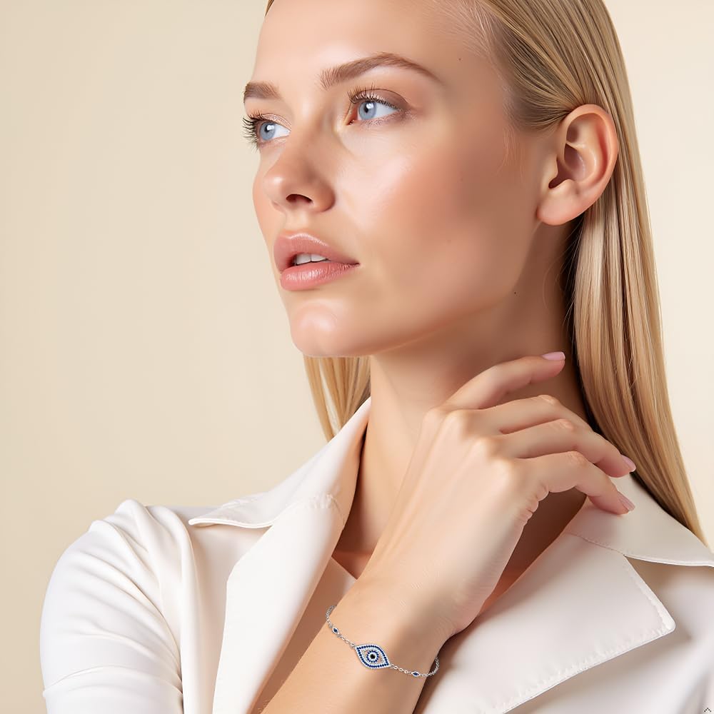 Evil Eye Bracelet for Women Sterling Silver Greek Dainty Blue Lucky Chain Link Charm for Protection Jewelry Gifts - Image 3