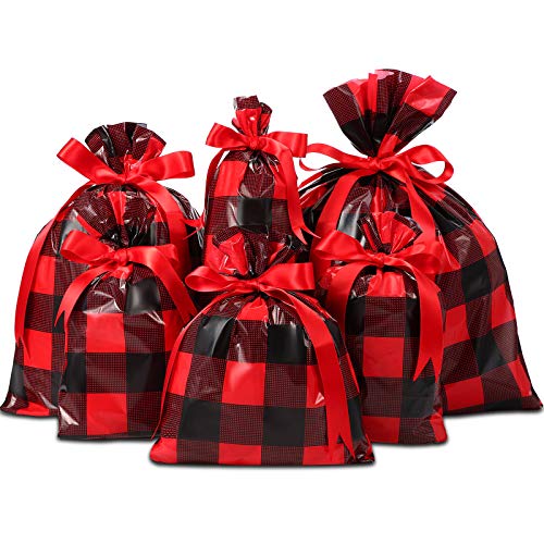 40% Off Discount 36 Pieces Different Sizes Christmas Snack Bag Buffalo Plaid Candy Packaging Bag with Ribbons Xmas Wrapper Bag Christmas Party Supplies (Red and Black Plaid)
