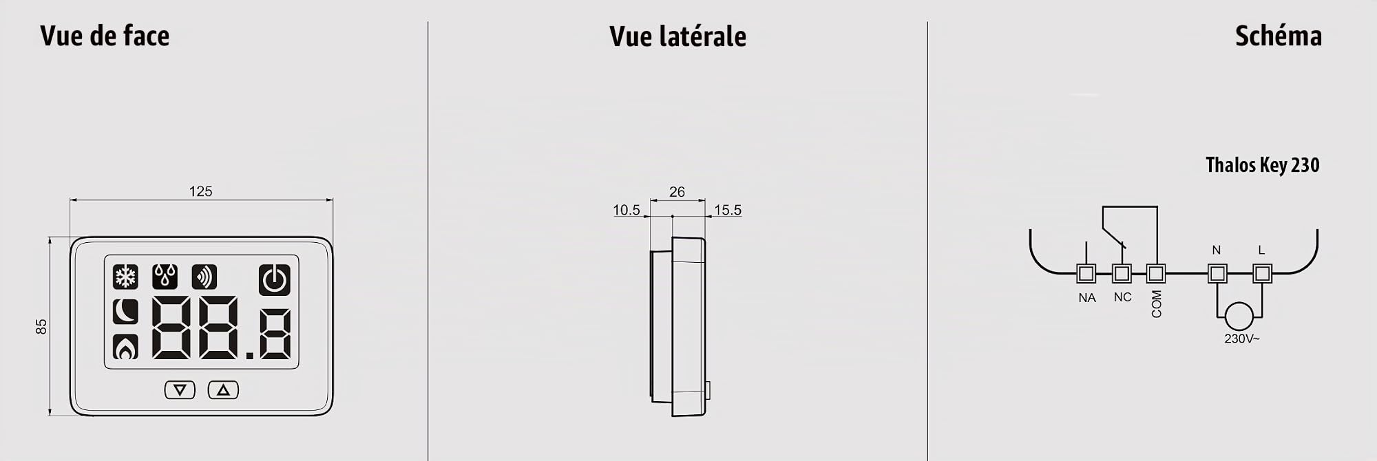 VEMER VE720900 THALOS Key - Thermostat d'ambiance pour Le Chauffage et la Climatisation, Clavier avec 2 Boutons pour Régler la Température, Alimentation 230V, Blanc