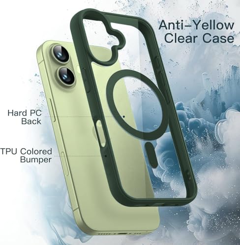 Image of DIZORO Compatible iPhone 17 Case,(Compatible with MagSafe) Non Yellow Military-Grade Drop Protection & Hard PC Back Cover Slim Transparent Anti-Scratch Shockproof Phone Case (Green)