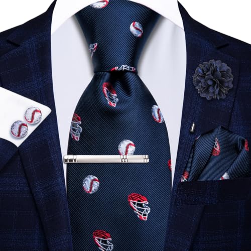 Image of Hi-Tie Blue And Red Baseball Necities for Men Set Woven Classic Tie and Pocket Square Lapel Pin Silver Tie Clip Cufflinks Set Wedding Business 6PCS