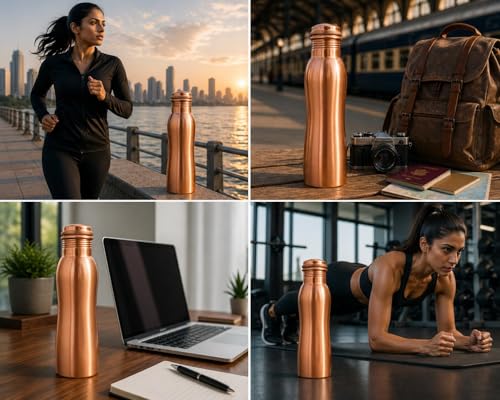 Image of Pure Copper Water Bottle - Handcrafted - Ayurveda health benefits - Large 750 ml - Leak proof, Easy to carry for Sports, Fitness, Yoga, School - Natural Copper Finish