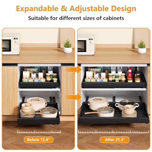 Pull Out Cabinet Organizer, 21" Deep, Expandable(12.6"-21.3"), Slide Out Drawers for Cabinets with Adhesive, Adjustable Roll Out Shelves for Kitchen Pantry (Black-2 Pack, 21"D x 12.6"W x 2.76"H)