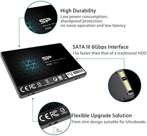 Silicon Power SSD 512GB 3D NAND A55 SLC Cache Performance Boost 2.5 inch SATA III 7mm (0.28") Internal Solid State Drive