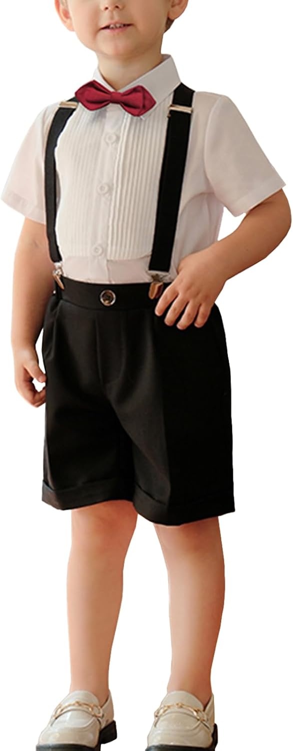 Baby Boy Outfits Suits Formal Clothes Sets, Boys Shirts+Bowtie+Suspender Shorts Summer Gentleman Casual Suit