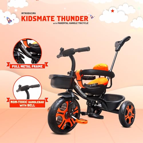 Kidsmate Thunder Plug N Play Kids/Baby Tricycle with Safety Guard Rail and Parental Control | Storage Basket | Fabric Cushion Seat & Bell for 12 Months to 48 Months Boys/Girls (Black_Orange) - Image 7