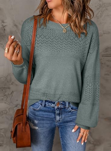 Image of SHEWIN Women's Sweaters Casual Long Sleeve V Neck Crewneck Lightweight Crochet Pullover Sweater Tops