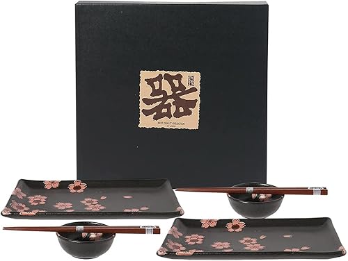 TIKUSAN Juego de platos japoneses de sushi, platos de salsa de soja y palillos (negro)