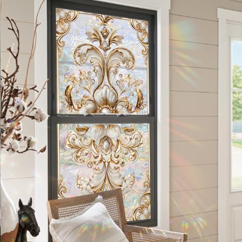 Vinilo Ventana Privacidad 45X100Cm Oro Europeo Lámina Privacidad Ventana,Anti UV Electrostatico para Puertas Cristal Cocina,Estático Autoadhesivo para Dormitorio Baño Oficina Cocina Hogar