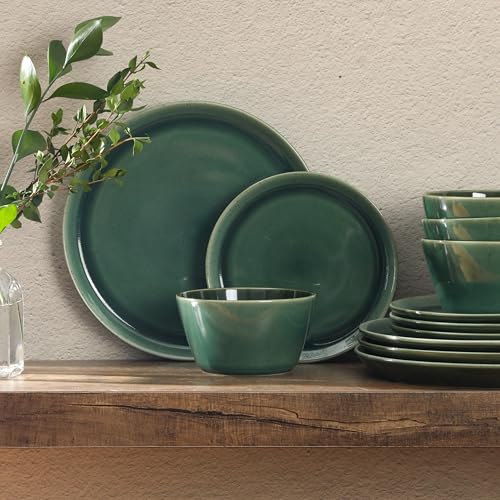 Image of Gibson Elite 12 Piece (Service for 4) Fern Canyon Plates and Bowls Reactive Glaze Modern Coupe Round Dishes Stoneware Ceramic Dinnerware Set - Glossy Green