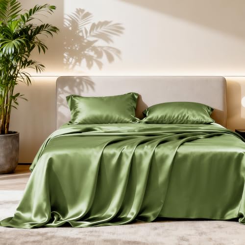 Image of Love's cabin Satin King Sheet Sets - 4 Piece Sage Silky Sheets King Size Bed Set with Deep Pocket, Luxury Silk Feel King Size Satin Sheet Set (1 Flat Sheet,1 Fitted Sheet,2 Pillow Cases)