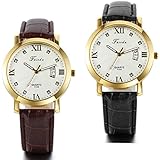 JewelryWe 2PCS Herren Armbanduhr, Analog Quarz, Fashion Business Casual Kalender Schwarz Braun Leder Armband Uhr mit Römischen Ziffern Zifferblatt