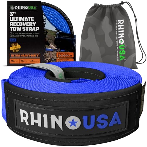 Image of Rhino USA Recovery Tow Strap (3 inchx20') - 31,518lb Break Strength- Emergency Recovery Strap Tow Rope for Truck, UTV, ATV & More - Heavy Duty Towing Strap for Offroad 4x4 Use- Compatible with Jeep (Blue)