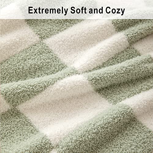 Chic Throw Blankets With Checkerboard Plaid- Stretchy Fluffy Cozy Blanket Trendy Checkered Gingham Decor For Couch, Bed, Sofa(Throw Size 51"X 63", Sage Green) #TOP2