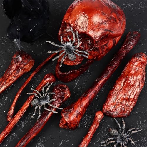 Beupy 14 Pieces Blood Red Halloween Skeleton Set Fake Bloody Severed Bone Feet Broken Body Parts Props Groundbreakers for Halloween Yard Decorations Graveyard Haunted House Zombie Party Decorations
