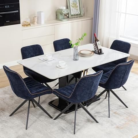 DYHOME Swivel Dining Chairs Set of 6, Mid Century Modern Kitchen Dining Room Chairs, Upholstered Kitchen Chairs for Dining Living Room, with Metal Base, Dark Blue Cover