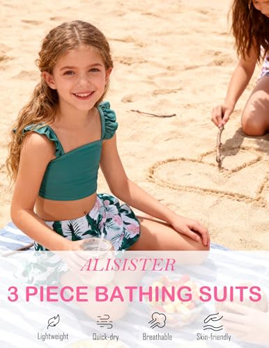 Image of ALISISTER Girls Swimsuit 3 Piece Bathing Suits Summer Bikini Tankini Sets with Cover Up Skirt for 4-12 Years