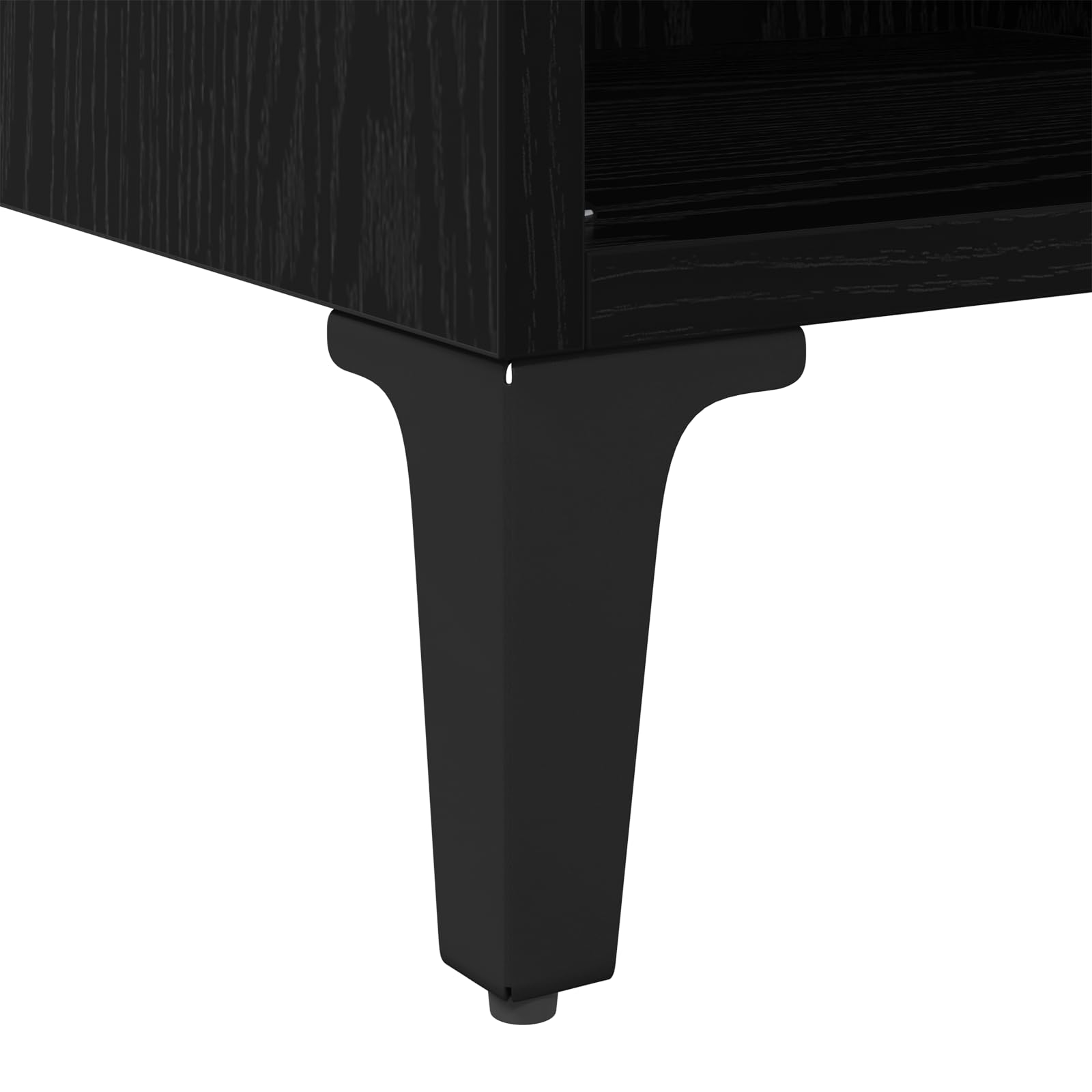 Black Oak TV Stand with Storage | Modern entertainment center features open shelves for media players and gaming consoles in the living room.