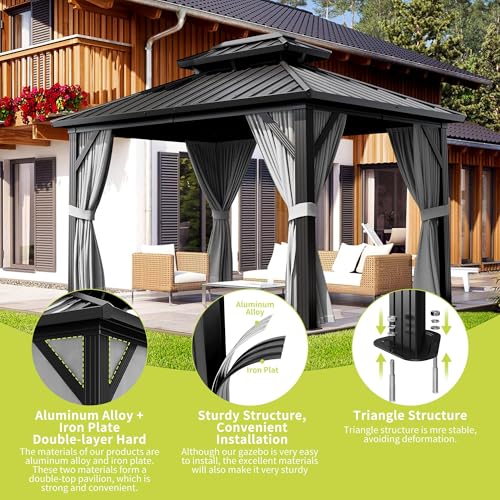 10' x 10' Aluminum Frame Permanent Gazebo, Galvanized Steel Double Roof Outdoor Pavilion with Removable Curtains and Netting for Backyard, Lawn & Patio by ActiveTrail - Image 8