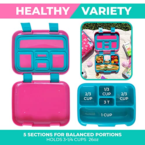Image of Bento Lunch Box with Insulated Bag, Water Bottle Ice Pack Set for Kids Toddlers, 5 Portion Sections, BPA Free Removable Tray, Pre-School Kid Toddler Daycare Lunches, Snack Container, Pink Unicorn