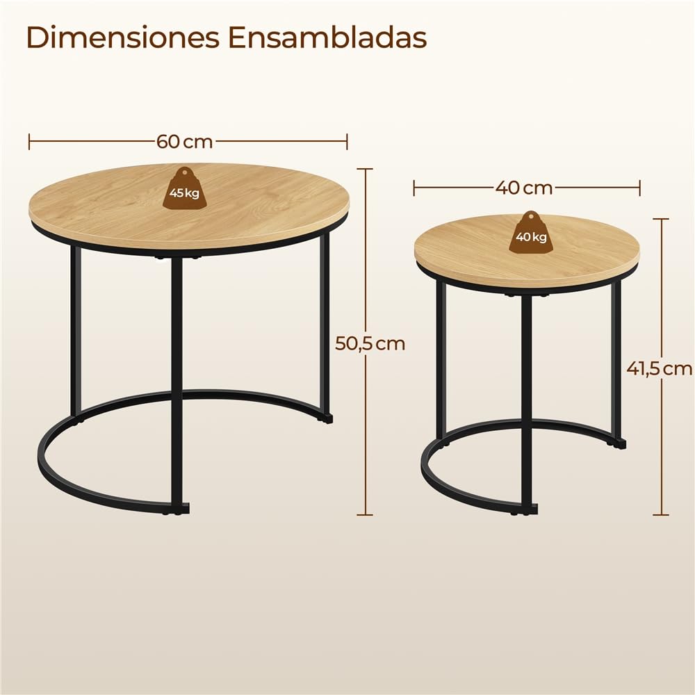 Yaheetech Juego de 2 Mesa de Centro Redonda Anidable con Patas de Metal Set 2 Mesa de Centro Nido Maderna de Café Rustica para Salón Mesa Auxiliar 60x60x50,5cm Roble Claro