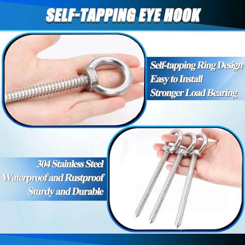 Image of OHIYO 6.3 Inch Heavy Duty Eye Hooks M10 Self Tapping Eyelet Screw Load Capacity 850LBS Heavy Duty Screw in Eye Hooks for Hammock Stand, Swing Chair, Yoga, Heavy Indoor & Outdoor Uses (4Pack- M10)